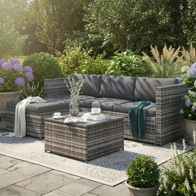 Salon de jardin en résine tressée - Canapé d'angle extérieur avec table basse - 4 places - Gris