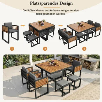Set jardin – salon 12 chaises + table, terrasse/balcon, table massif, 12 personnes, mobilier jardin et repas.