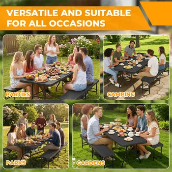 Table pliante 180 cm avec 2 bancs set brasserie 3 pièces HDPE acier résistant aux intempéries pour 6-10 personnes fêtes barbecue jardin