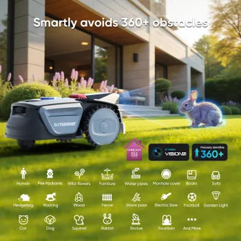 Robot Tondeuse sans Fil, 300 m², avec Garage Gratuit, Vision AI, Évitement des Obstacles, Pentes 27 %, Contrôle via App, Sunseeker V1