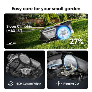 Robot Tondeuse sans Fil, 300 m², avec Garage Gratuit, Vision AI, Évitement des Obstacles, Pentes 27 %, Contrôle via App, Sunseeker V1