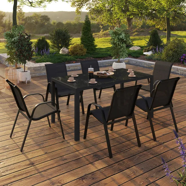 Salon de jardin MADRID table 150 CM et 6 chaises empilables noir
