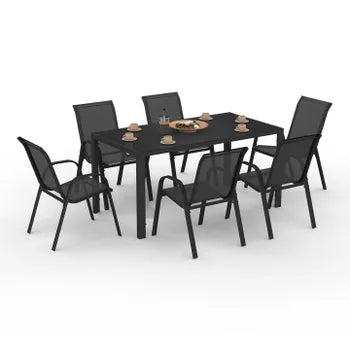 Salon de jardin MADRID table 150 CM et 6 chaises empilables noir