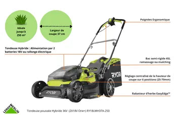 Pack tondeuse+coupe bordure RYOBI One+, 2x18V, l.37cm, 2 batteries 5Ah