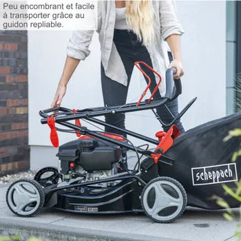 Scheppach Tondeuse à gazon thermique MS161-46 – Moteur à essence 4 temps 150 cm3 – Largeur de coupe 46 cm – Bac de 55 L – Ejection latérale