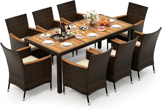 Salon de Jardin en Rotin 9 Pièces pour 8 Personnes Plateau de Table en Acacia, Ensemble de Salle à Manger de Patio