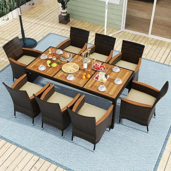Salon de Jardin en Rotin 9 Pièces pour 8 Personnes Plateau de Table en Acacia, Ensemble de Salle à Manger de Patio