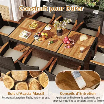 Salon de Jardin en Rotin 9 Pièces pour 8 Personnes Plateau de Table en Acacia, Ensemble de Salle à Manger de Patio