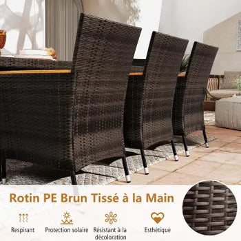 Salon de Jardin en Rotin 9 Pièces pour 8 Personnes Plateau de Table en Acacia, Ensemble de Salle à Manger de Patio