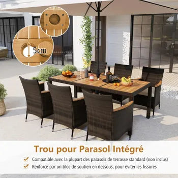 Salon de Jardin en Rotin 9 Pièces pour 8 Personnes Plateau de Table en Acacia, Ensemble de Salle à Manger de Patio