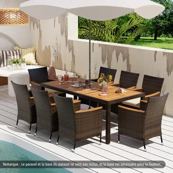 Salon de Jardin en Rotin 9 Pièces pour 8 Personnes Plateau de Table en Acacia, Ensemble de Salle à Manger de Patio