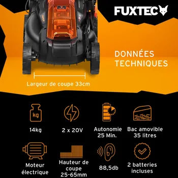 Tondeuse gazon batterie 40V (2X20V) - FUXTEC FX-E1RM20 - largeur 33cm 2 batteries Li-Ion 2Ah, double chargeur 2,4A, bac 35L