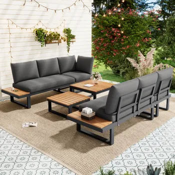 Salon de jardin inclinable en acier galvanisé 6 places : 2 canapé 3 places + 2 tables basses carrées - Gris et noir