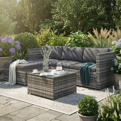 Salon de jardin en résine tressée - Canapé d'angle extérieur avec table basse - 4 places - Gris