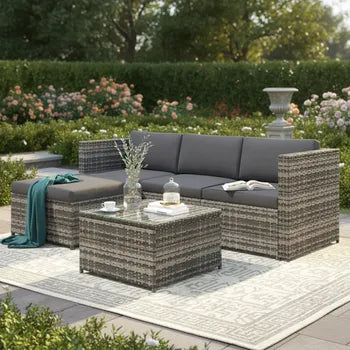 Salon de jardin en résine tressée - Canapé d'angle extérieur avec table basse - 4 places - Gris
