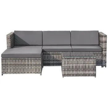 Salon de jardin en résine tressée - Canapé d'angle extérieur avec table basse - 4 places - Gris