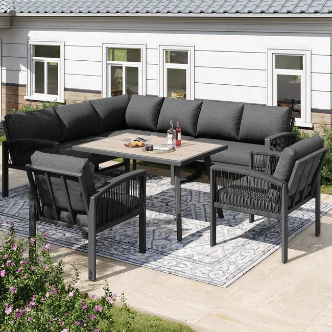 Mobilier de jardin avec finition bois, comprenant des coussins d'assise et des coussins de dossier, gris