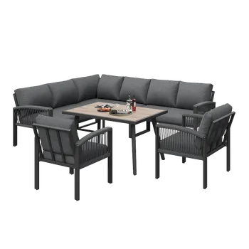 Mobilier de jardin avec finition bois, comprenant des coussins d'assise et des coussins de dossier, gris