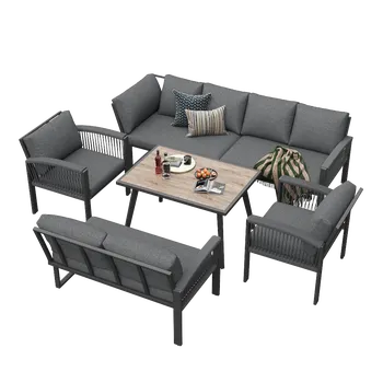 Mobilier de jardin avec finition bois, comprenant des coussins d'assise et des coussins de dossier, gris