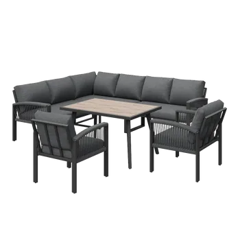Mobilier de jardin avec finition bois, comprenant des coussins d'assise et des coussins de dossier, gris