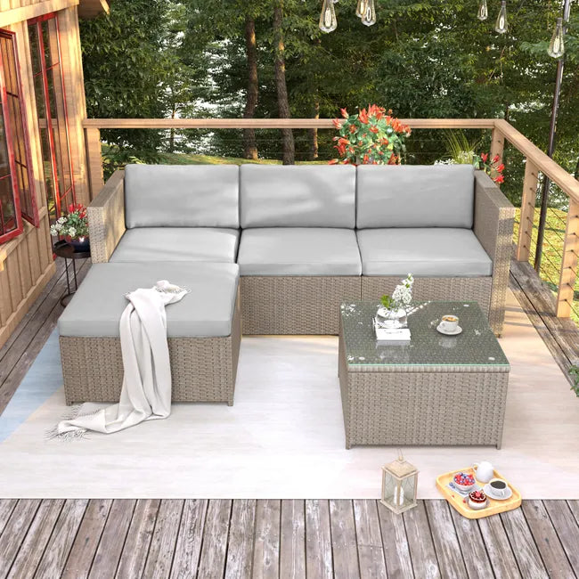 Salon de jardin en résine tressée - Canapé d'angle extérieur avec table basse - 4 places - Marron