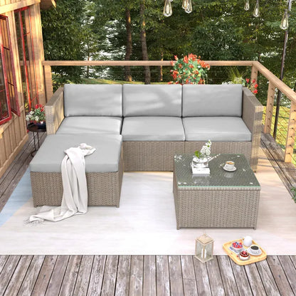 Salon de jardin en résine tressée - Canapé d'angle extérieur avec table basse - 4 places - Marron