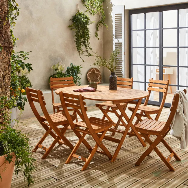Table de jardin pliante bois d'acacia + 6 assises 150cm en bois d'acacia déjà huilé. forme ovale avec 6 chaises pliables