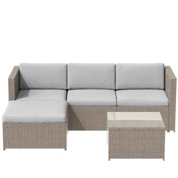 Salon de jardin en résine tressée - Canapé d'angle extérieur avec table basse - 4 places - Marron