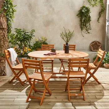 Table de jardin pliante bois d'acacia + 6 assises 150cm en bois d'acacia déjà huilé. forme ovale avec 6 chaises pliables
