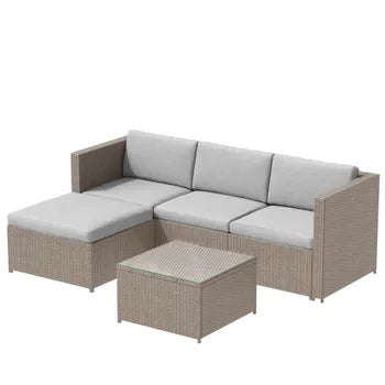 Salon de jardin en résine tressée - Canapé d'angle extérieur avec table basse - 4 places - Marron