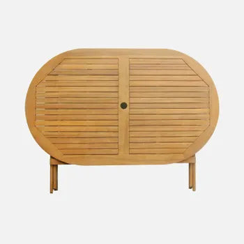 Table de jardin pliante bois d'acacia + 6 assises 150cm en bois d'acacia déjà huilé. forme ovale avec 6 chaises pliables